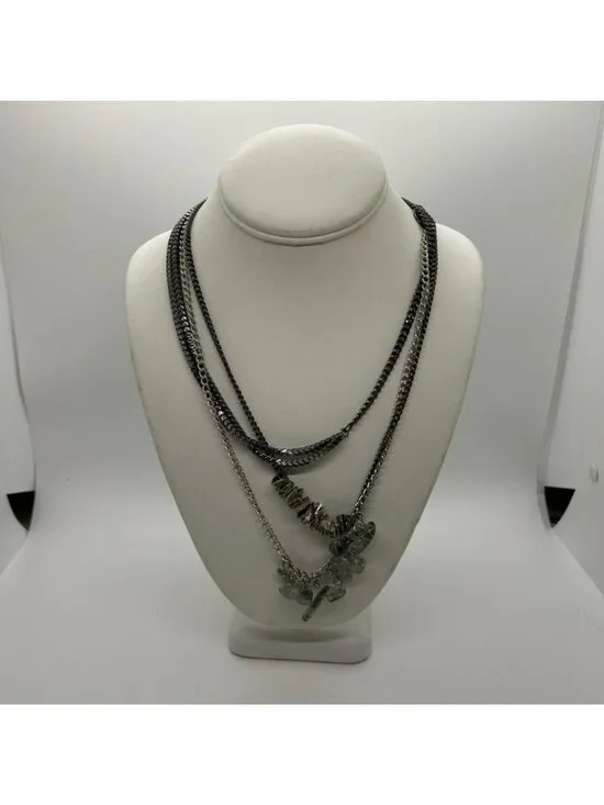 Calvin Klein Multi-Strand Layered Statement Necklace Gunmetal & Silver Chain Wit - Picture 5 of 11